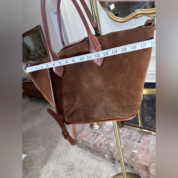 Polo Ralph Lauren Bellport Suede Leather Medium Tote Bag Brown Adjustable Strap - Picture 13 of 16